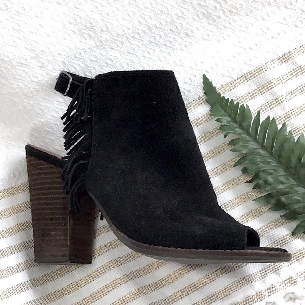 Lucky Brand LANTAU Black Fringe Suede Boho Chic Block Heel Ankle Bootie Sandals